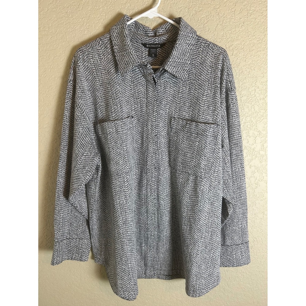 Athleta Button Down Shirt Women XL Black White Herringbone Print Long Sleeve